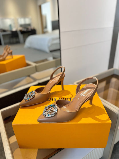 LOUIS VUITTON HIGH HEEL 75 MM SLINGBACK IN BRONZE BROWN CALFSKIN WITH CRYSTAL