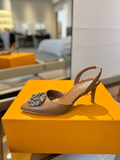 LOUIS VUITTON HIGH HEEL 75 MM SLINGBACK IN BRONZE BROWN CALFSKIN WITH CRYSTAL