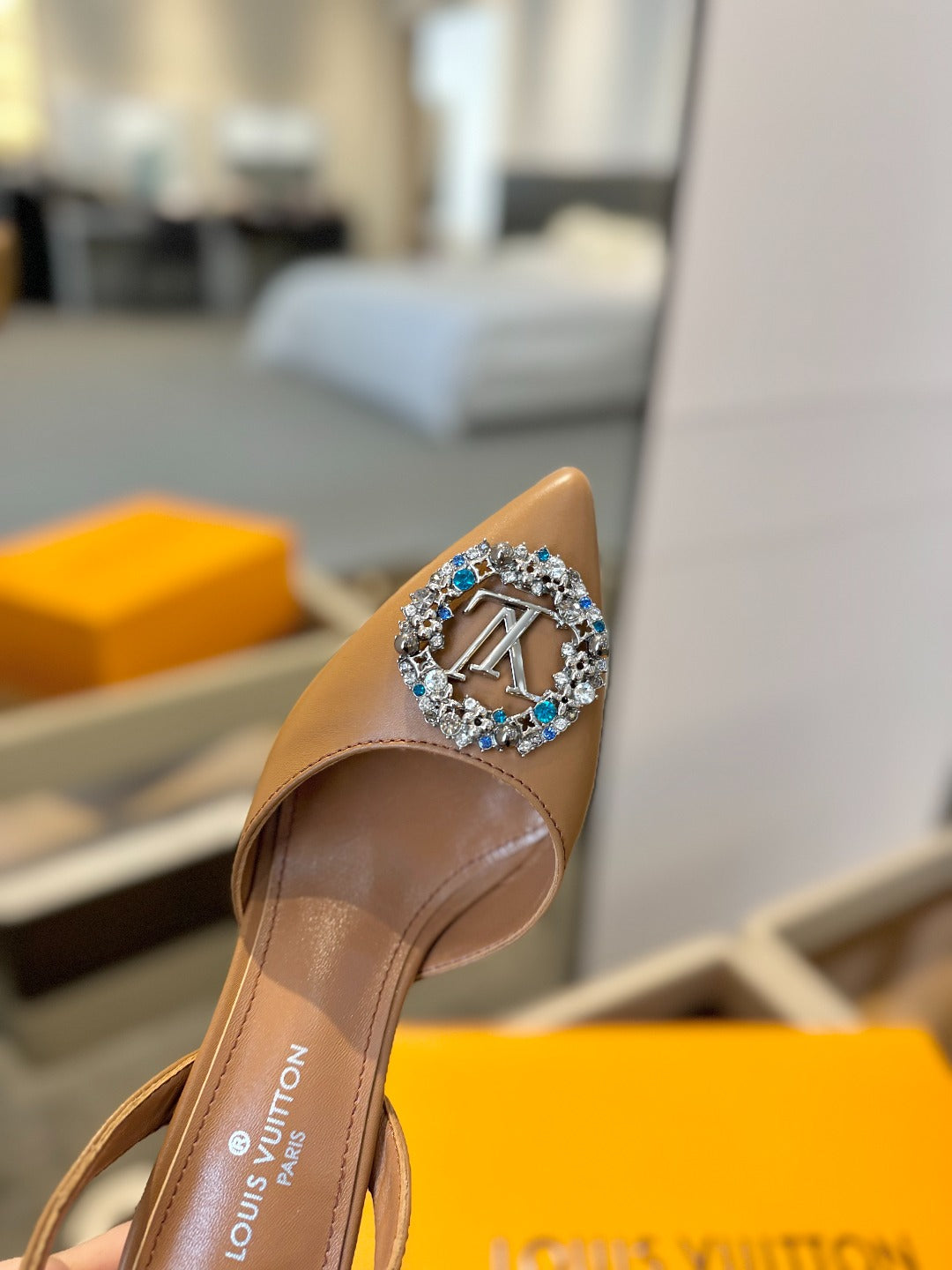 LOUIS VUITTON HIGH HEEL 75 MM SLINGBACK IN BRONZE BROWN CALFSKIN WITH CRYSTAL