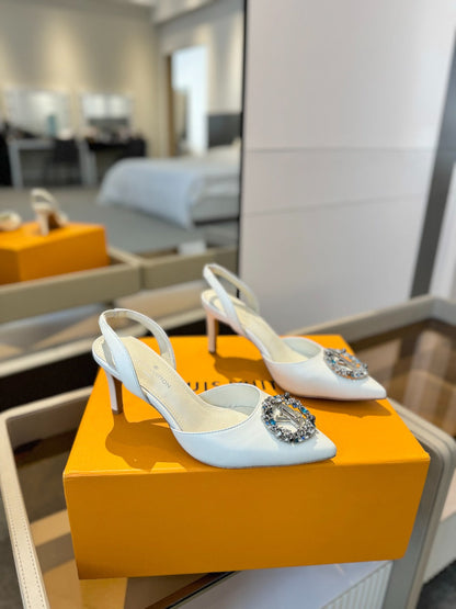 LOUIS VUITTON HIGH HEEL 75 MM SLINGBACK IN WHITE CALFSKIN WITH CRYSTAL