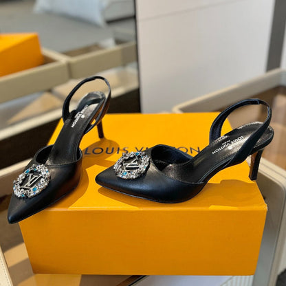 LOUIS VUITTON HIGH HEEL 75 MM SLINGBACK IN BLACK CALFSKIN WITH CRYSTAL