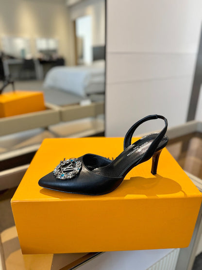 LOUIS VUITTON HIGH HEEL 75 MM SLINGBACK IN BLACK CALFSKIN WITH CRYSTAL