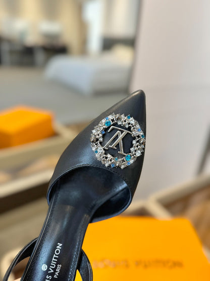 LOUIS VUITTON HIGH HEEL 75 MM SLINGBACK IN BLACK CALFSKIN WITH CRYSTAL