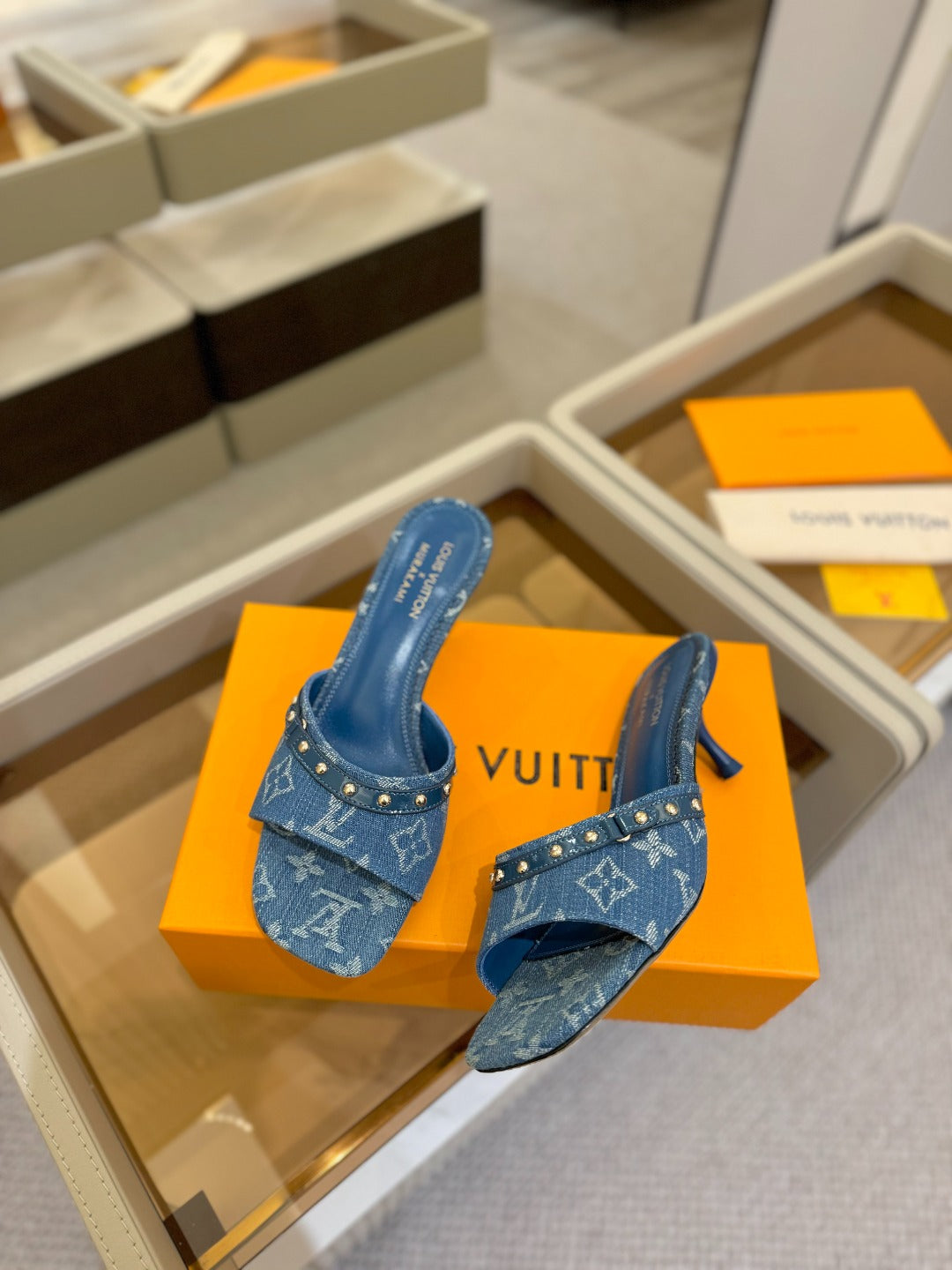 LOUIS VUITTON LV X TM 6AM HIGH 4 CM MULE IN NAVY BLUE MONOGRAM DENIM