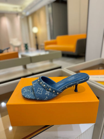 LOUIS VUITTON LV X TM 6AM HIGH 4 CM MULE IN NAVY BLUE MONOGRAM DENIM