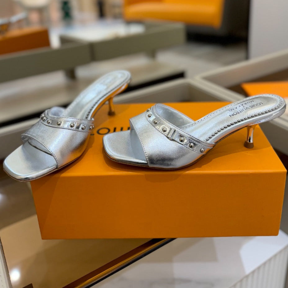 LOUIS VUITTON LV X TM 6AM HIGH 4 CM MULE IN SILVER CALFSKIN