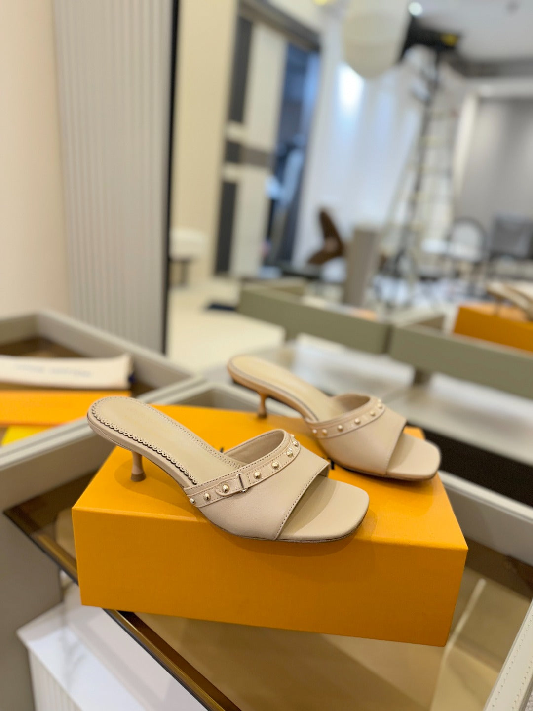 LOUIS VUITTON LV X TM 6AM HIGH 4 CM MULE IN LINEN TAN CALFSKIN