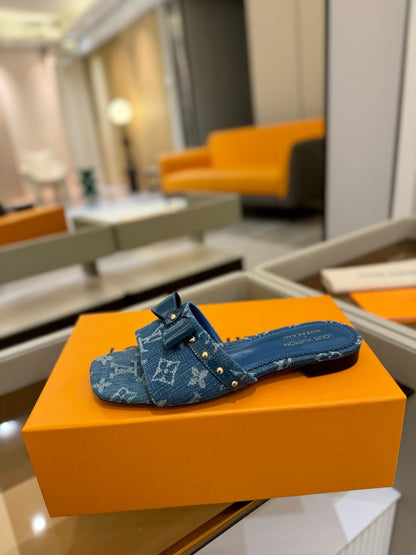 LOUIS VUITTON LV X TM 6AM FLAT MULE IN NAVY BLUE MONOGRAM DENIM