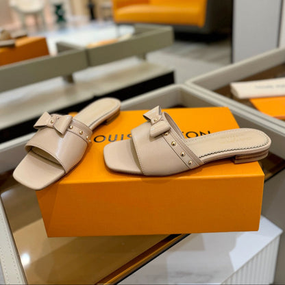 LOUIS VUITTON LV X TM 6AM FLAT MULE IN LINEN TAN CALFSKIN