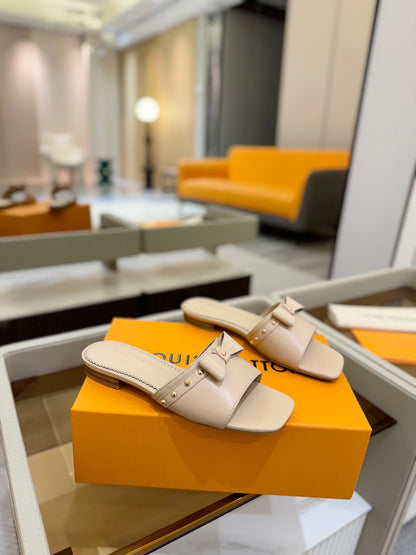 LOUIS VUITTON LV X TM 6AM FLAT MULE IN LINEN TAN CALFSKIN