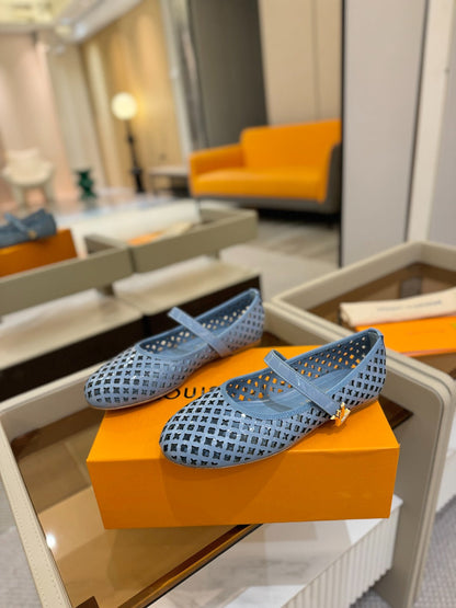 LOUIS VUITTON ROMY FLAT BALLERINA IN CERULEAN BLUE MESH PATENT CALFSKIN