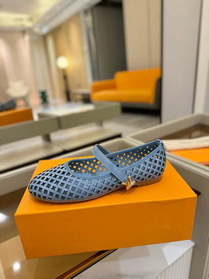 LOUIS VUITTON ROMY FLAT BALLERINA IN CERULEAN BLUE MESH PATENT CALFSKIN