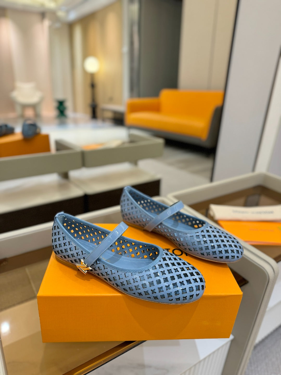 LOUIS VUITTON ROMY FLAT BALLERINA IN CERULEAN BLUE MESH PATENT CALFSKIN