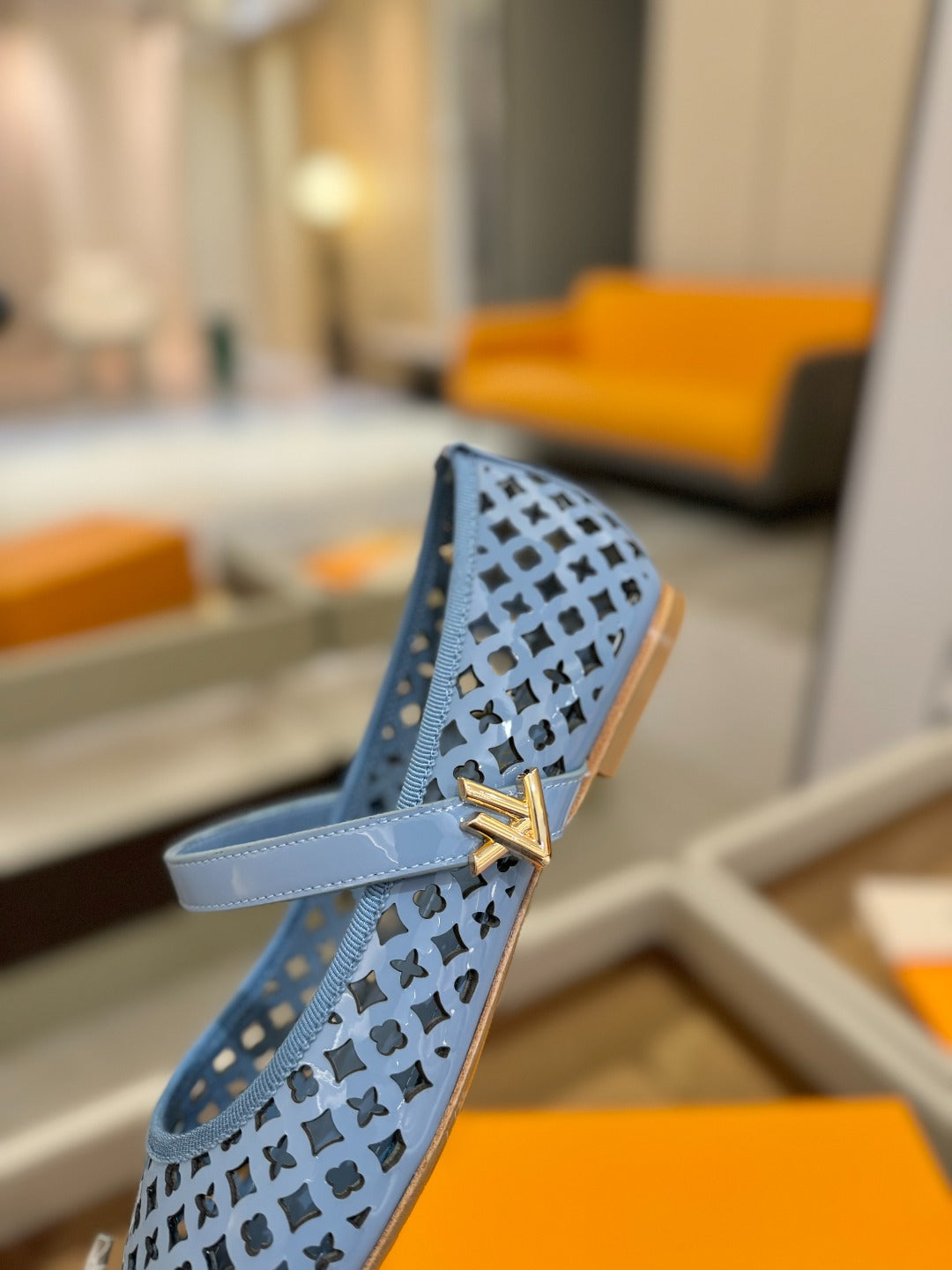 LOUIS VUITTON ROMY FLAT BALLERINA IN CERULEAN BLUE MESH PATENT CALFSKIN