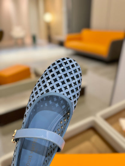 LOUIS VUITTON ROMY FLAT BALLERINA IN CERULEAN BLUE MESH PATENT CALFSKIN