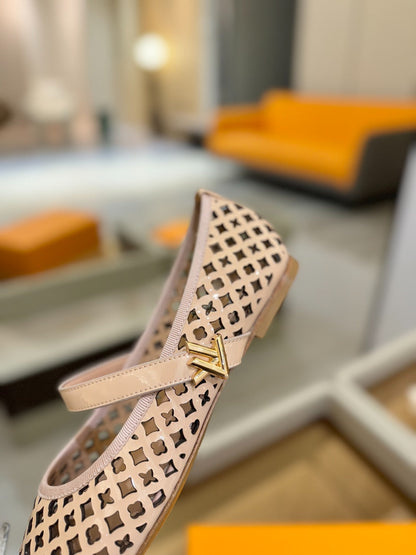 LOUIS VUITTON ROMY FLAT BALLERINA IN LIGHT PINK MESH PATENT CALFSKIN