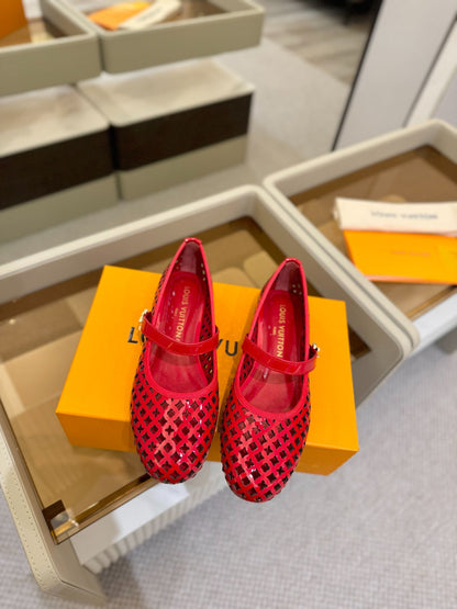 LOUIS VUITTON ROMY FLAT BALLERINA IN CHERRY RED MESH PATENT CALFSKIN