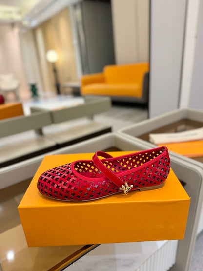 LOUIS VUITTON ROMY FLAT BALLERINA IN CHERRY RED MESH PATENT CALFSKIN