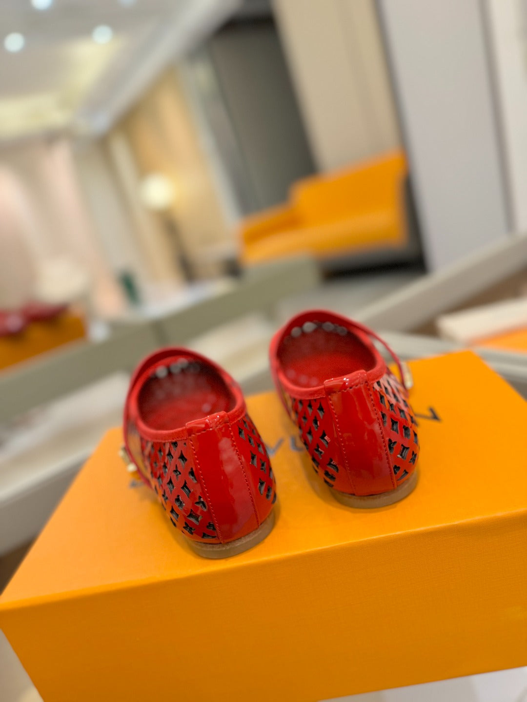 LOUIS VUITTON ROMY FLAT BALLERINA IN CHERRY RED MESH PATENT CALFSKIN