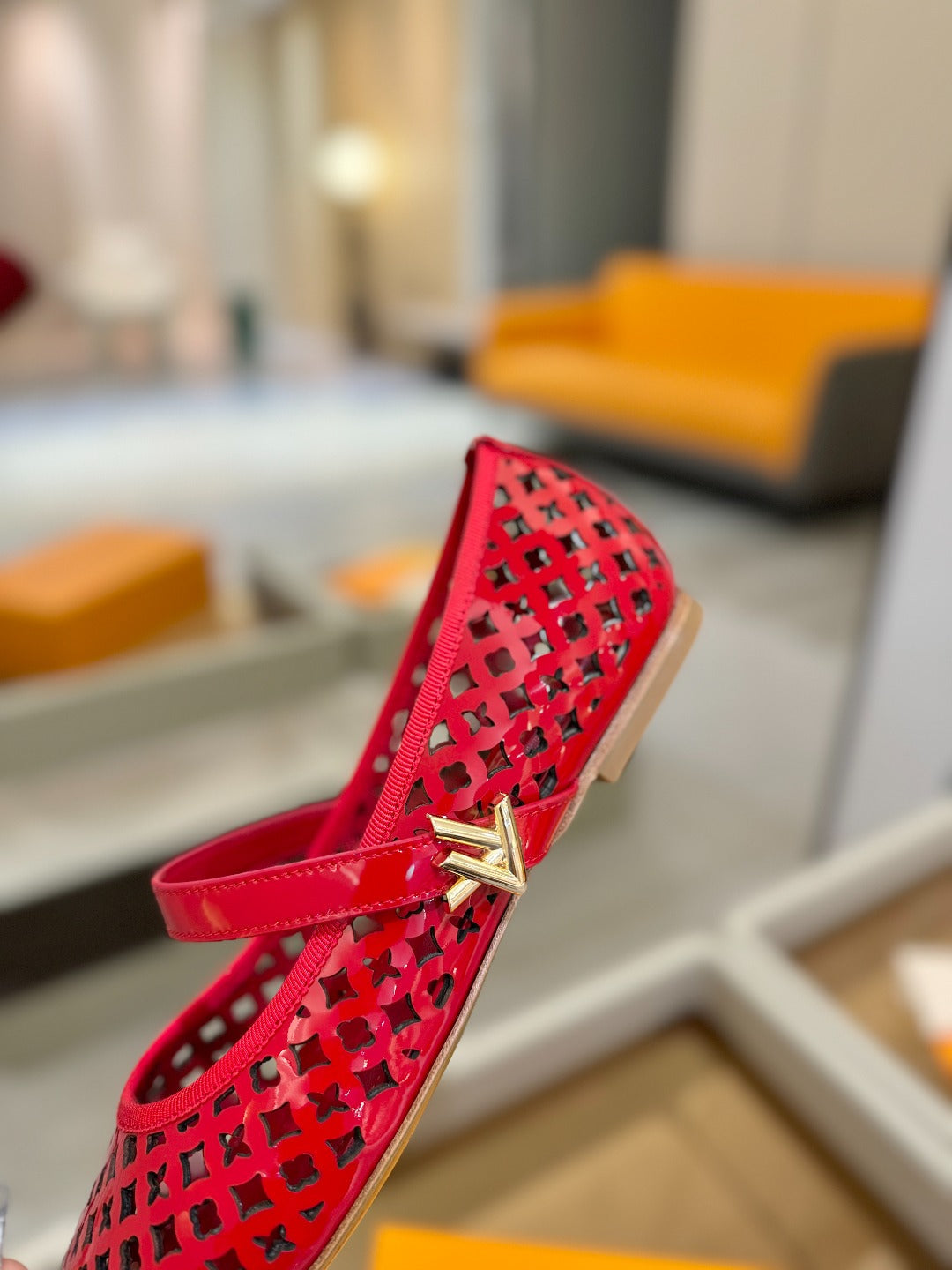 LOUIS VUITTON ROMY FLAT BALLERINA IN CHERRY RED MESH PATENT CALFSKIN