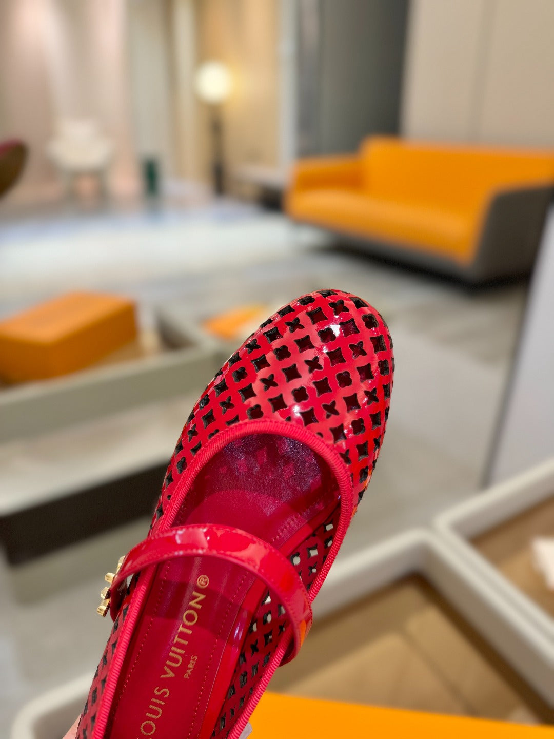 LOUIS VUITTON ROMY FLAT BALLERINA IN CHERRY RED MESH PATENT CALFSKIN