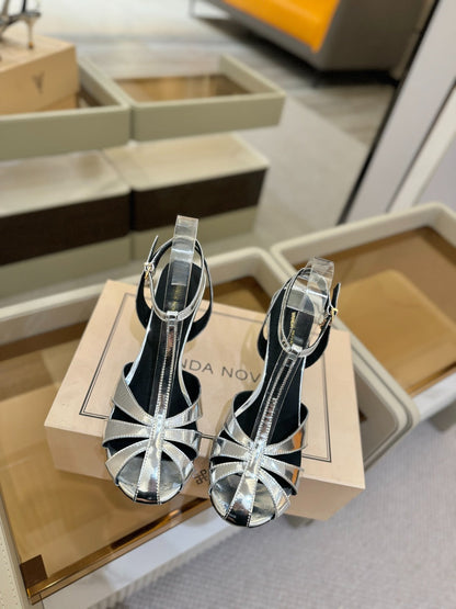 LOUIS VUITTON HIGH SANDALS 75 MM IN SILVER CALFSKIN