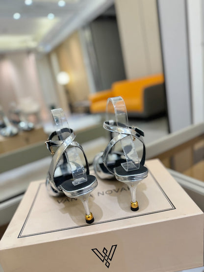 LOUIS VUITTON HIGH SANDALS 75 MM IN SILVER CALFSKIN