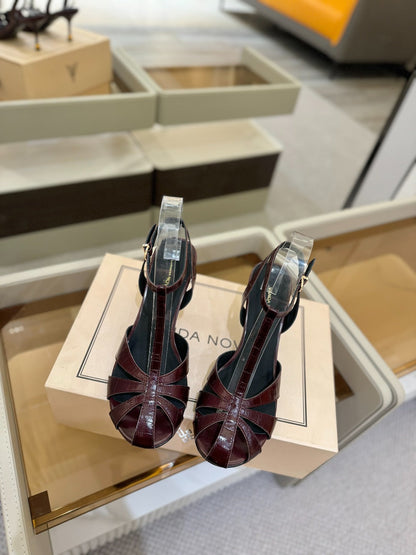 LOUIS VUITTON HIGH SANDALS 75 MM IN MAHOGANY RED PATENT CALFSKIN