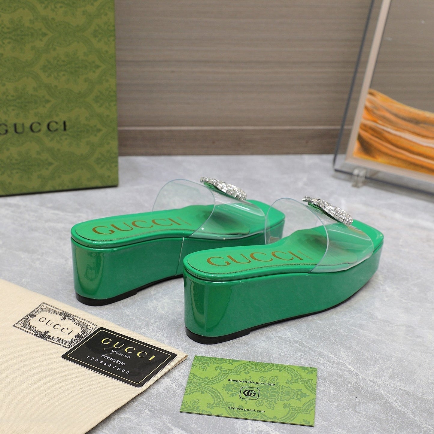 GUCCI HIGH WEDGE PLATFORM WITH DOUBLE G IN GREEN GLOSSY CALFSKIN