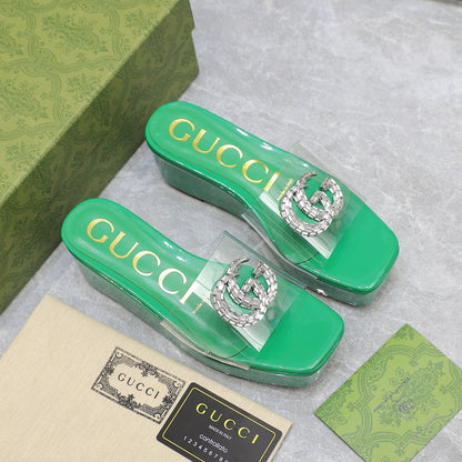 GUCCI HIGH WEDGE PLATFORM WITH DOUBLE G IN GREEN GLOSSY CALFSKIN