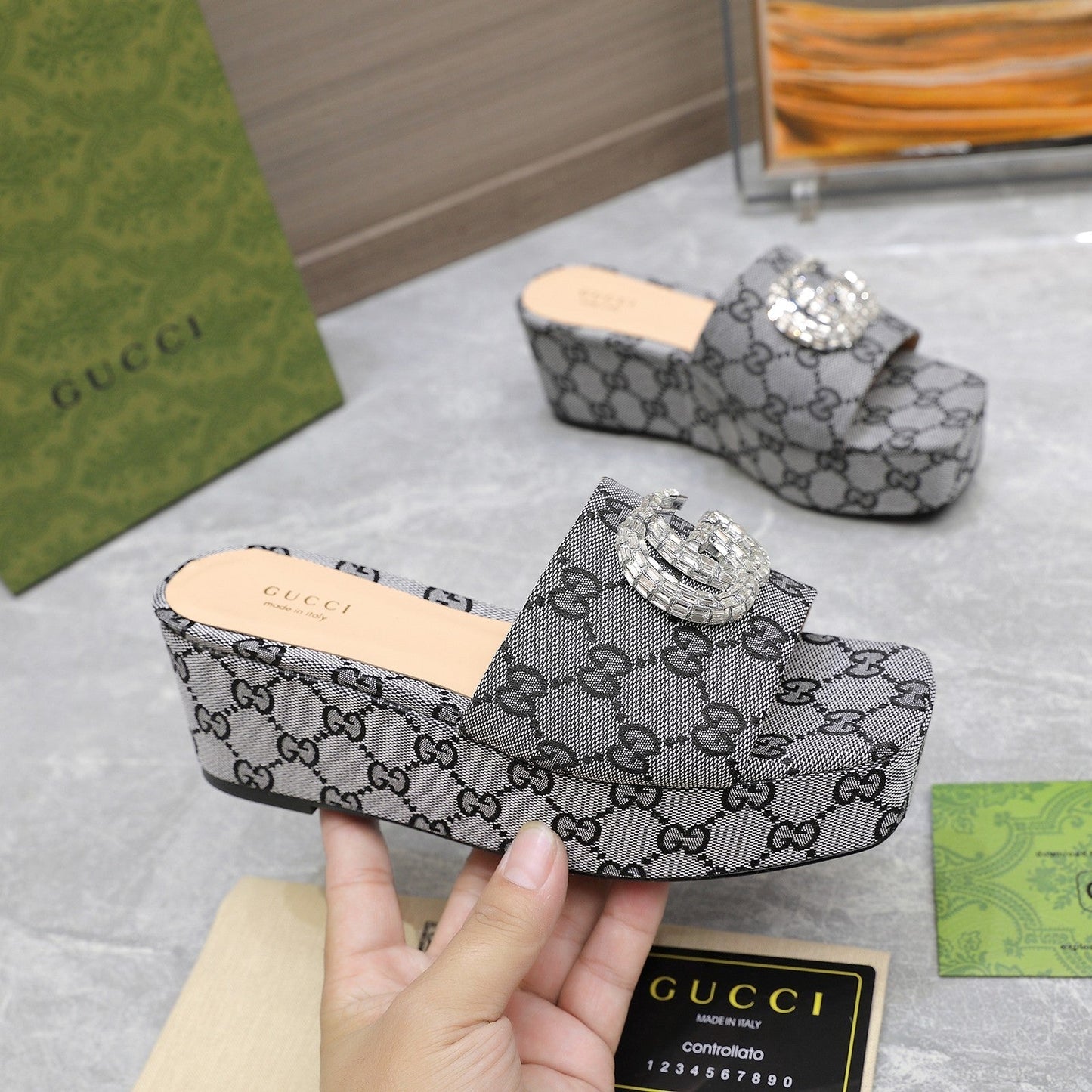 GUCCI HIGH WEDGE PLATFORM WITH DOUBLE G IN GRAY CANVAS