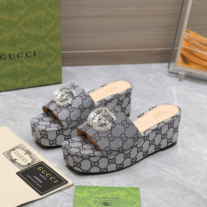 GUCCI HIGH WEDGE PLATFORM WITH DOUBLE G IN GRAY CANVAS
