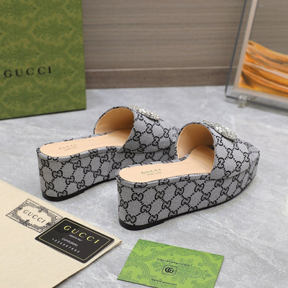 GUCCI HIGH WEDGE PLATFORM WITH DOUBLE G IN GRAY CANVAS