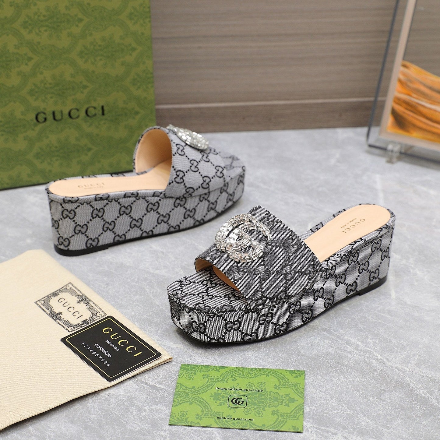 GUCCI HIGH WEDGE PLATFORM WITH DOUBLE G IN GRAY CANVAS