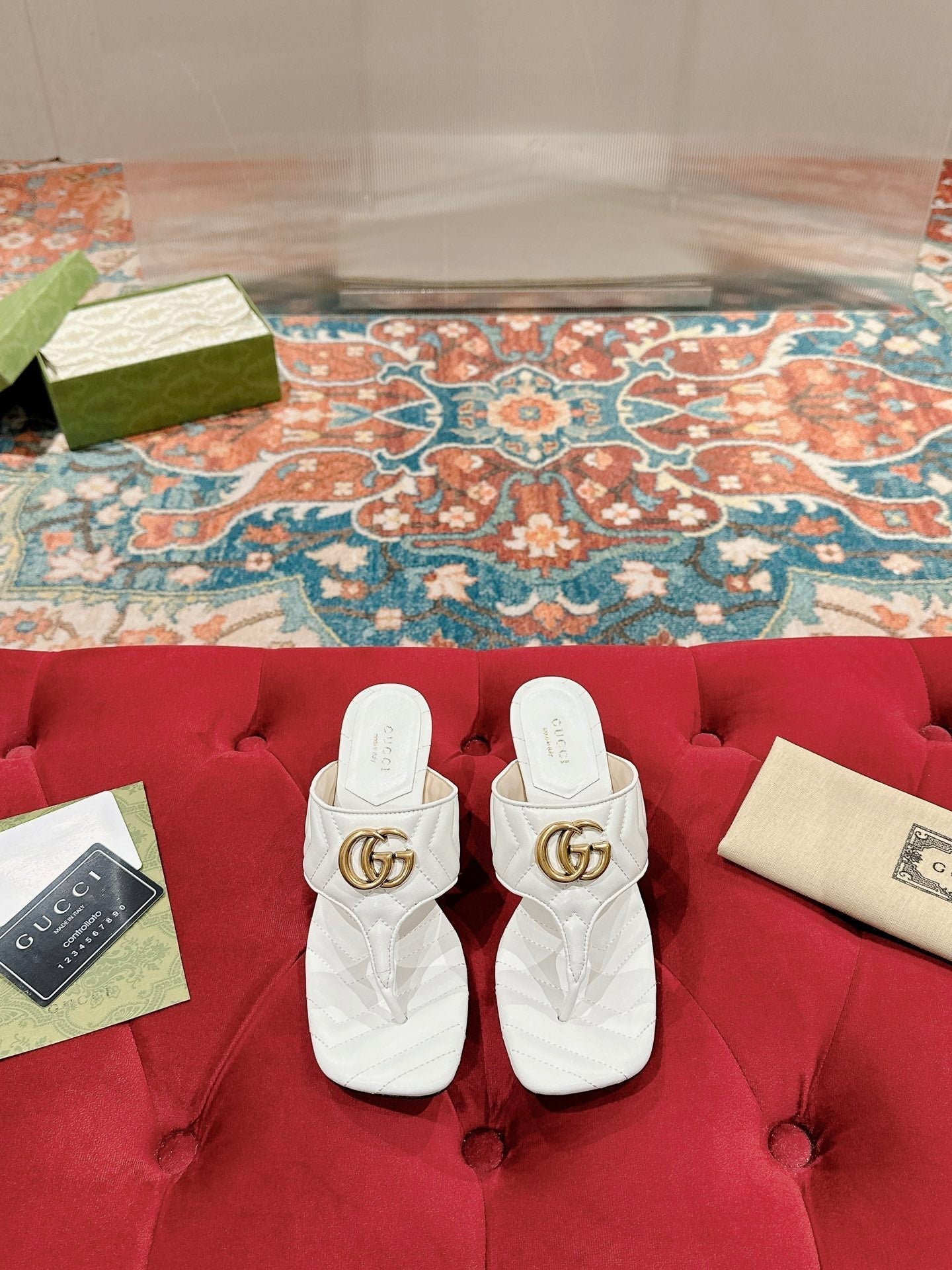 GUCCI HIGH THONG MULE 55MM IN WHITE CALFSKIN WITH GOLD HARDWARE