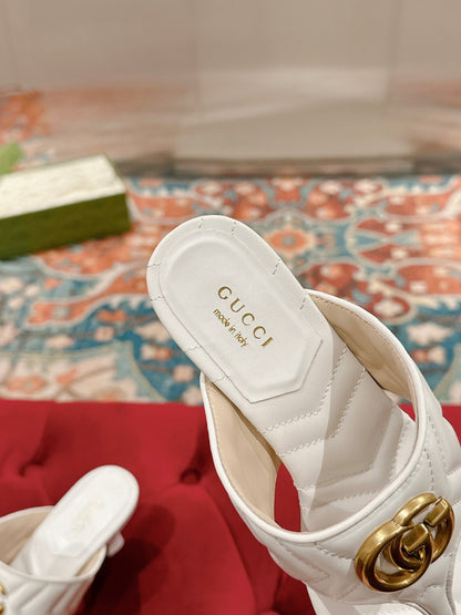 GUCCI HIGH THONG MULE 55MM IN WHITE CALFSKIN WITH GOLD HARDWARE