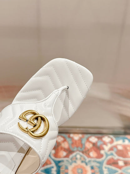 GUCCI HIGH THONG MULE 55MM IN WHITE CALFSKIN WITH GOLD HARDWARE