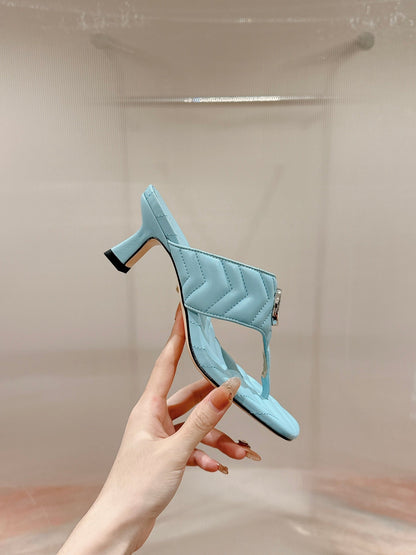 GUCCI HIGH THONG MULE 55MM IN SKY BLUE CALFSKIN WITH GOLD HARDWARE