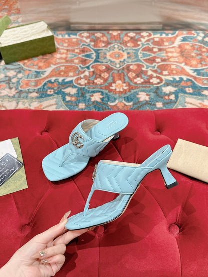 GUCCI HIGH THONG MULE 55MM IN SKY BLUE CALFSKIN WITH GOLD HARDWARE