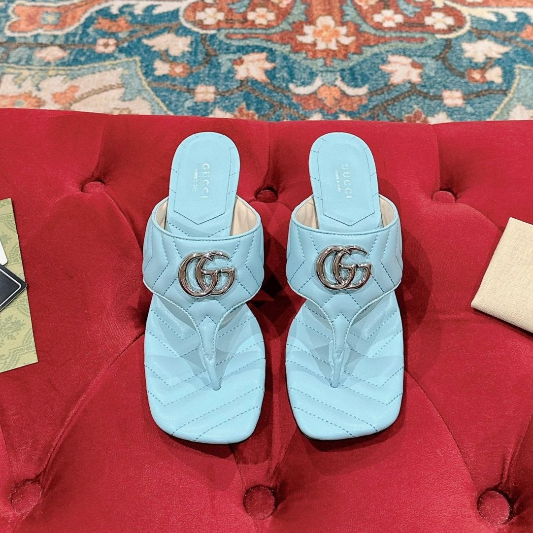 GUCCI HIGH THONG MULE 55MM IN SKY BLUE CALFSKIN WITH GOLD HARDWARE