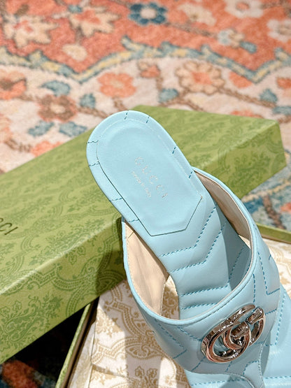 GUCCI HIGH THONG MULE 55MM IN SKY BLUE CALFSKIN WITH GOLD HARDWARE