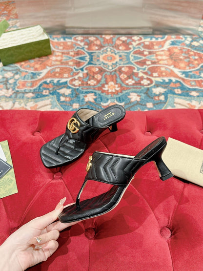 GUCCI HIGH THONG MULE 55MM IN BLACK CALFSKIN WITH GOLD HARDWARE