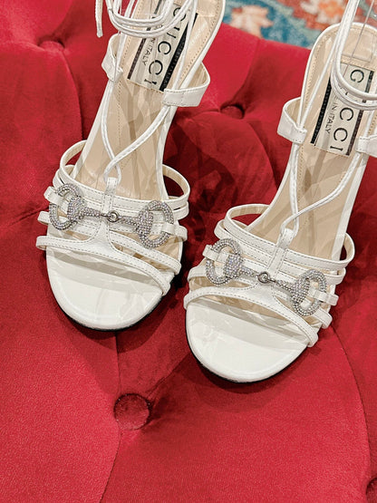 GUCCI CRYSTAL HORSEBIT SANDAL WHITE LAMBSKIN