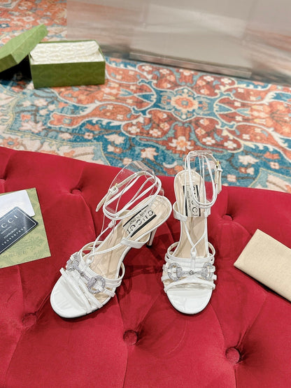 GUCCI CRYSTAL HORSEBIT SANDAL WHITE LAMBSKIN