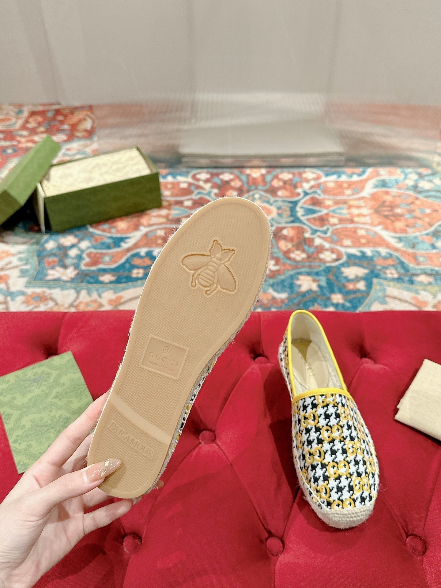 GUCCI ESPADRILLE LOAFER LEMON AND BLACK CANVAS