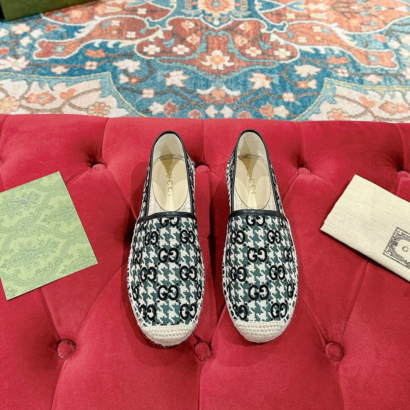 GUCCI ESPADRILLE LOAFER BLACK AND BASIL CANVAS