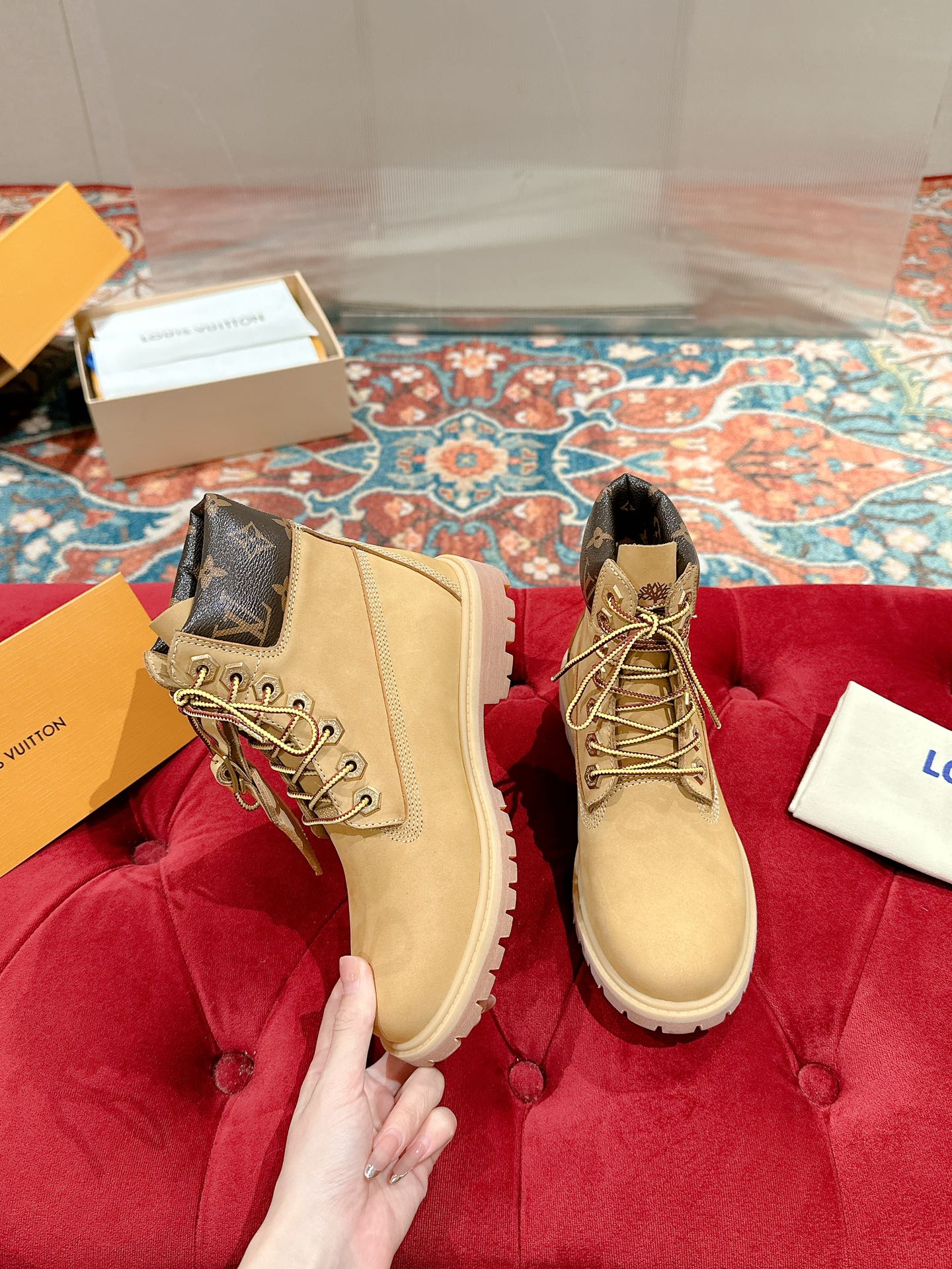 LOUIS VUITTON LV X TIMBERLAND ANKLE BOOT IN TORTILLA BROWN SUEDE