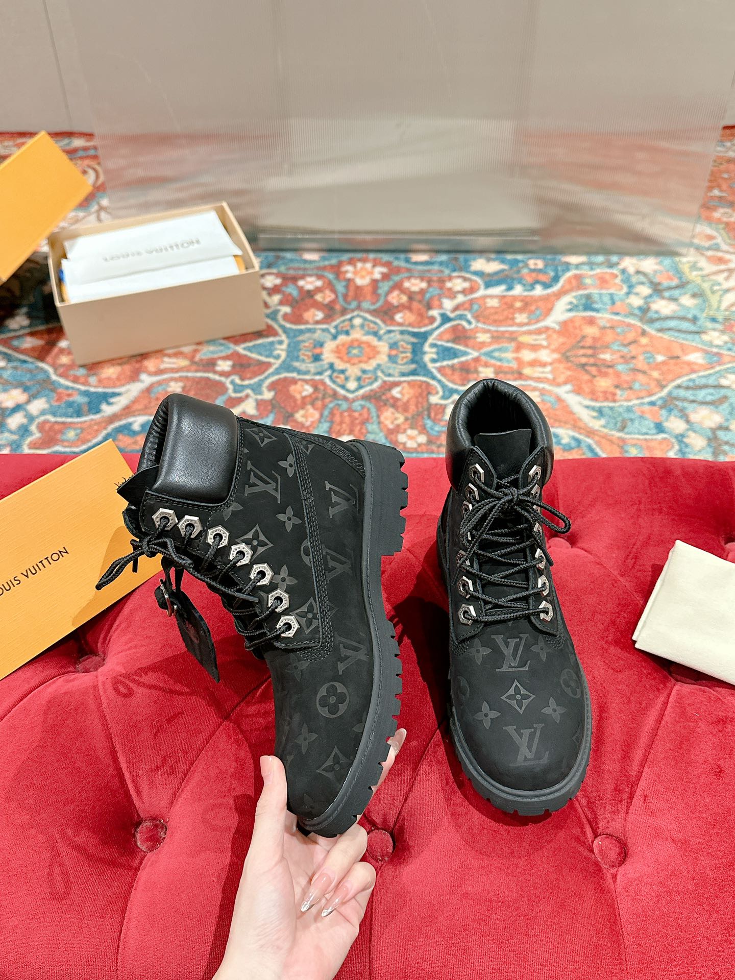 LOUIS VUITTON LV X TIMBERLAND ANKLE BOOT IN BLACK MONOGRAM SUEDE