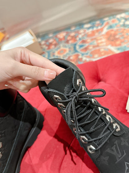 LOUIS VUITTON LV X TIMBERLAND ANKLE BOOT IN BLACK MONOGRAM SUEDE