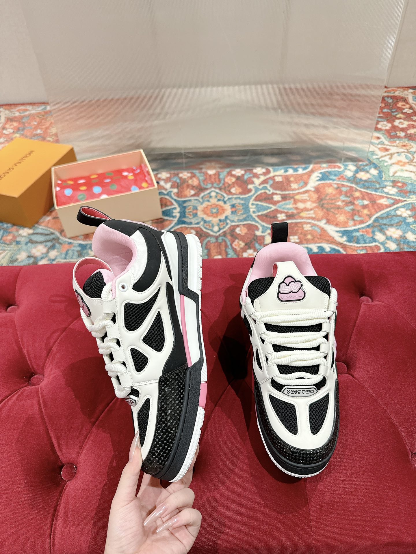 LOUIS VUITTON LV SKATE SNEAKER IN WHITE MIX BLACK AND LIGHT PINK CALFSKIN